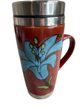 Blue Lily and Red Ceramic Travel Latte Coffee Mug Stainless Steel Lined Lid 16oz